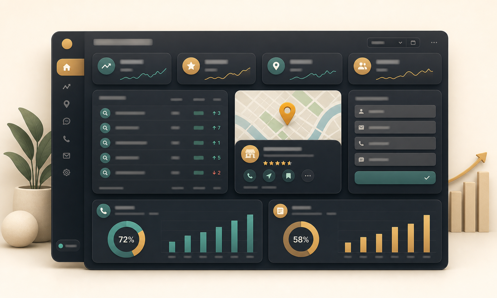 A local SEO dashboard with map listing, ranking cards, lead metrics, and growth charts.