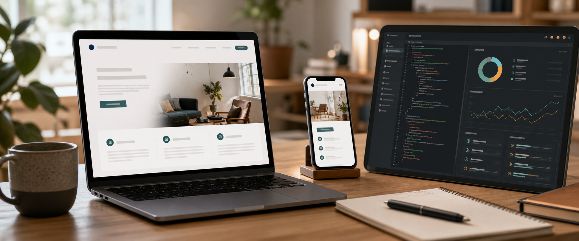 A responsive website displayed on laptop and phone next to a code editor and analytics dashboard.